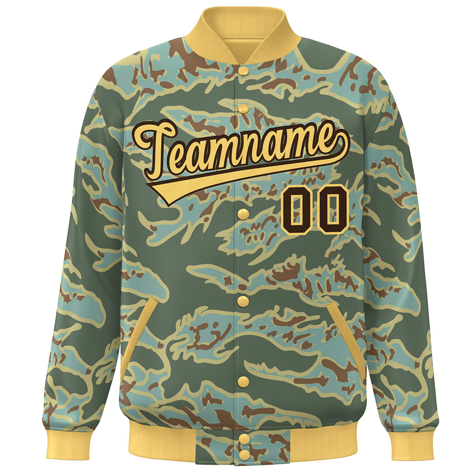 Custom Gold Brown Camo Varsity Full-Snap Letterman Bomber Jacket