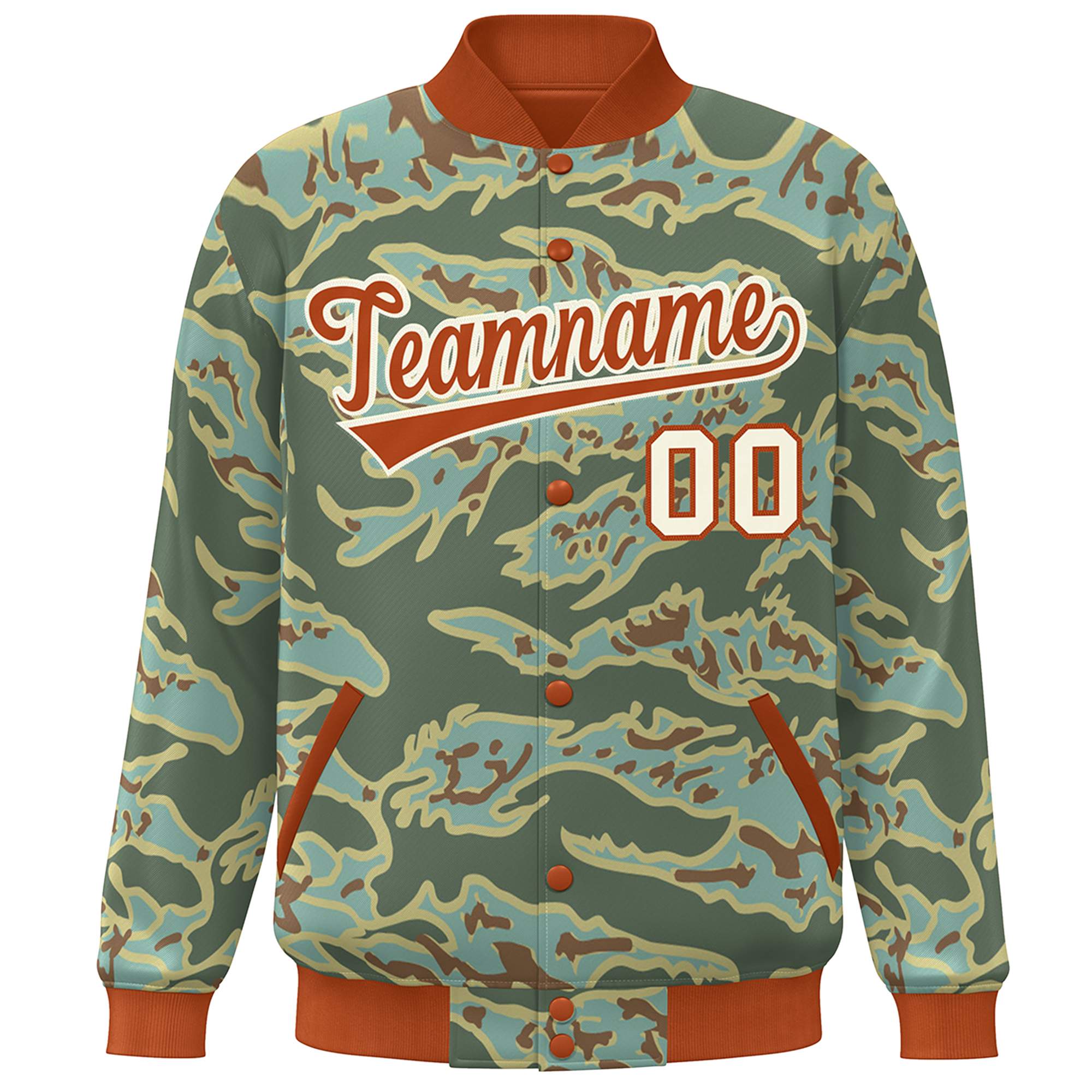 Custom Orange White Camo Varsity Full-Snap Letterman Bomber Jacket