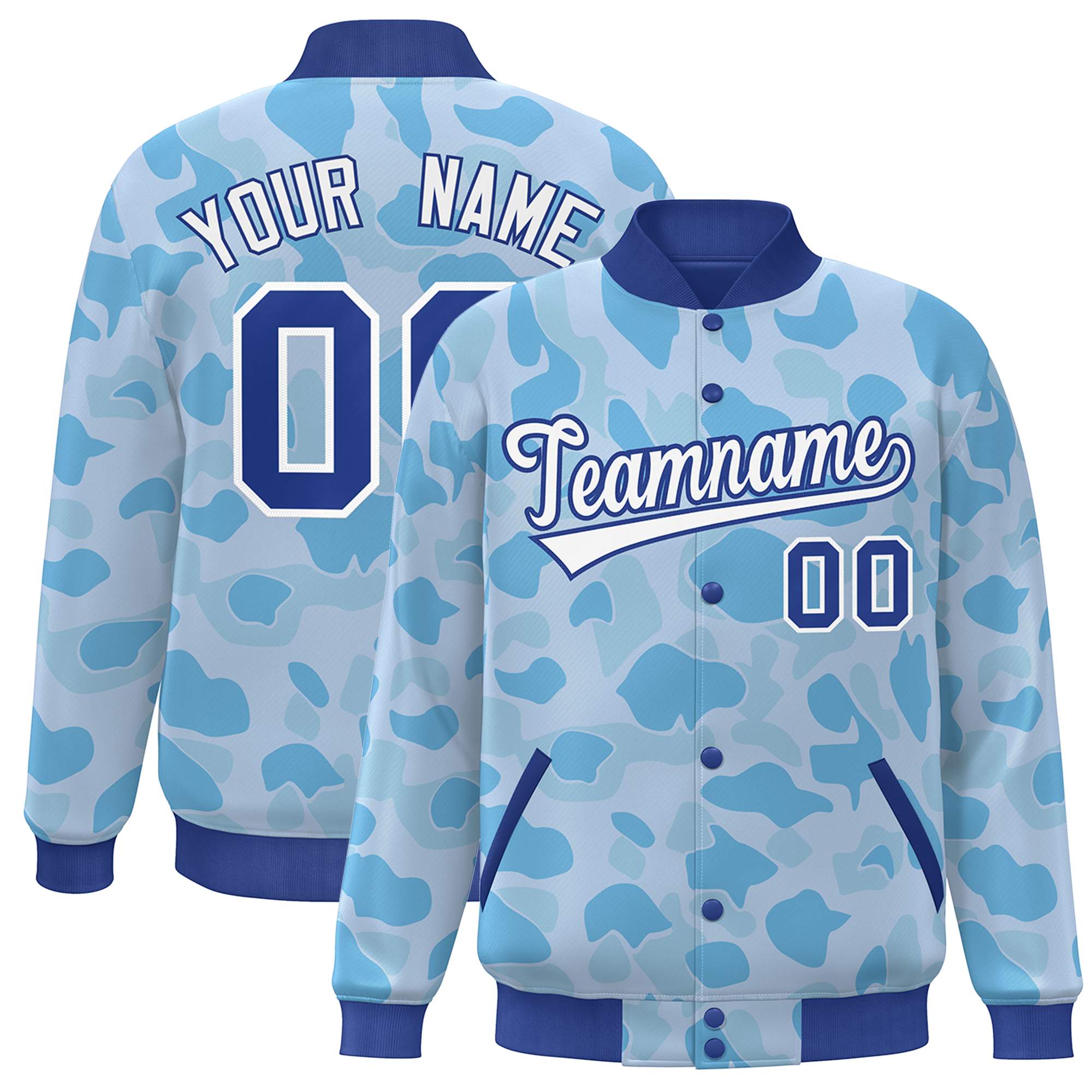 Blouson aviateur Letterman personnalisé Royal White Camo Varsity Full-Snap