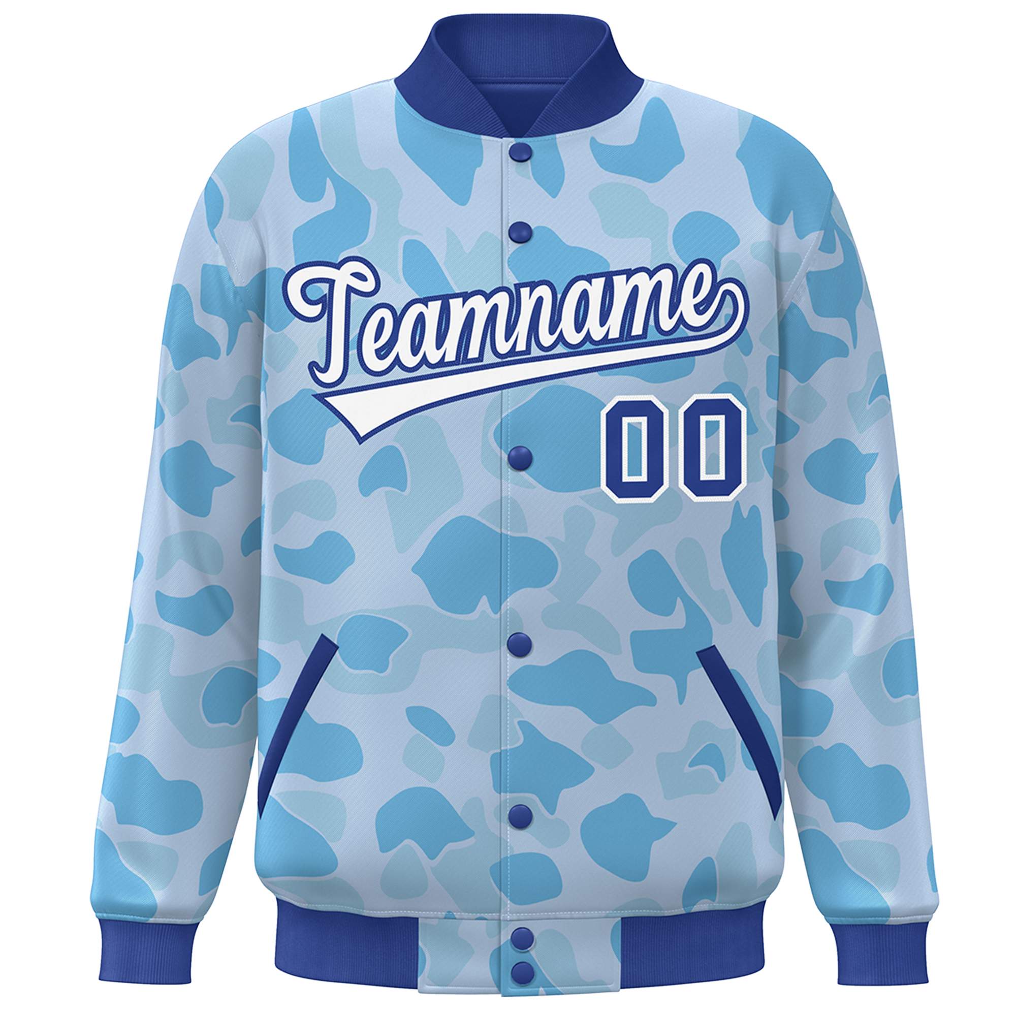 Blouson aviateur Letterman personnalisé Royal White Camo Varsity Full-Snap