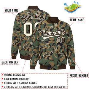 Custom Brown Cream Camo Varsity Full-Snap Letterman Bomber Jacket