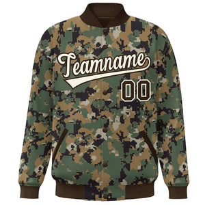 Custom Brown Cream Camo Varsity Full-Snap Letterman Bomber Jacket