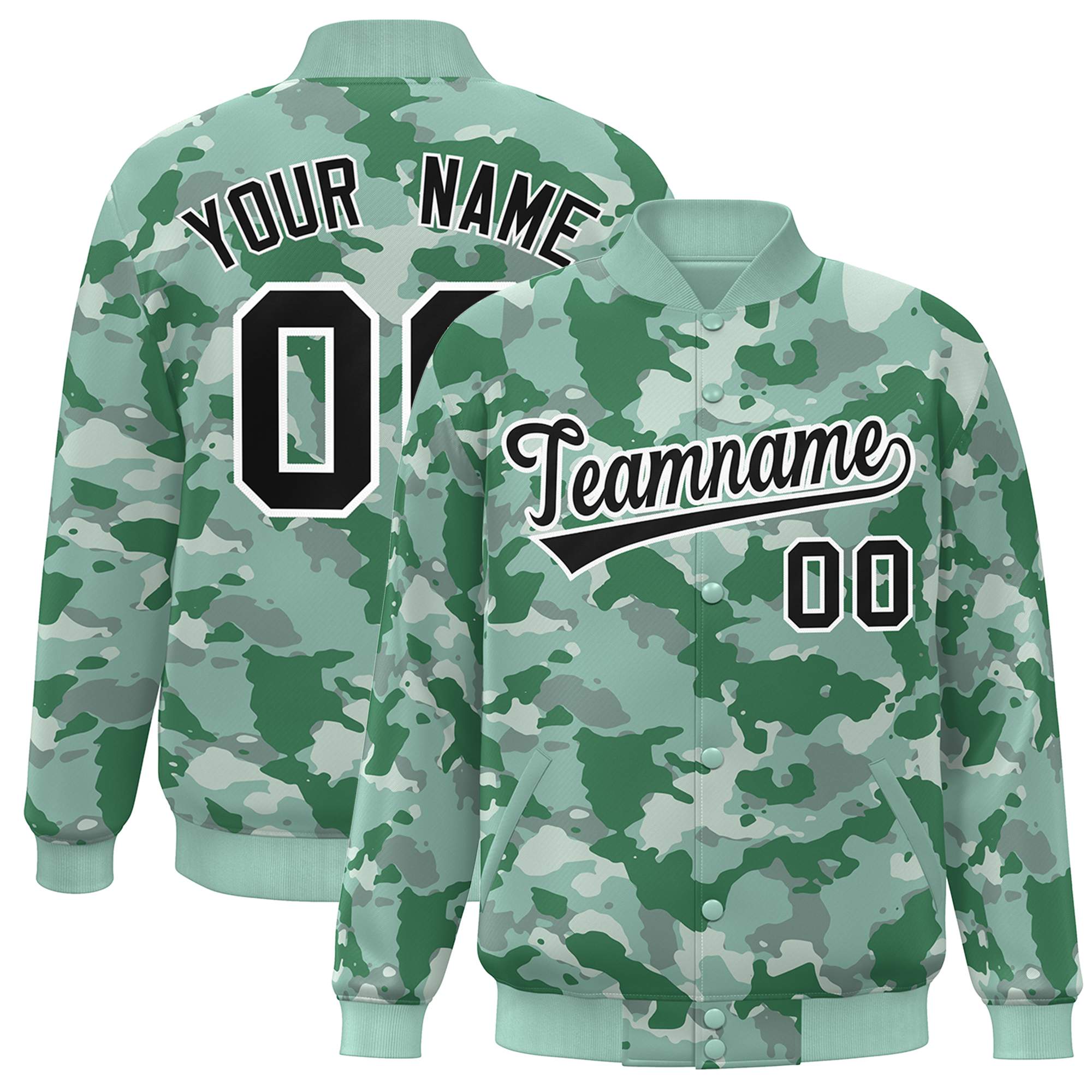 Blouson aviateur Letterman personnalisé vert noir-blanc camouflage Varsity Full-Snap