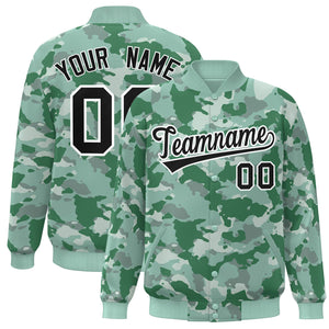 Custom Green Black-White Camo Varsity Full-Snap Letterman Bomber Jacket