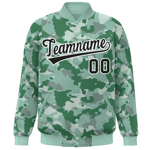 Custom Green Black-White Camo Varsity Full-Snap Letterman Bomber Jacket