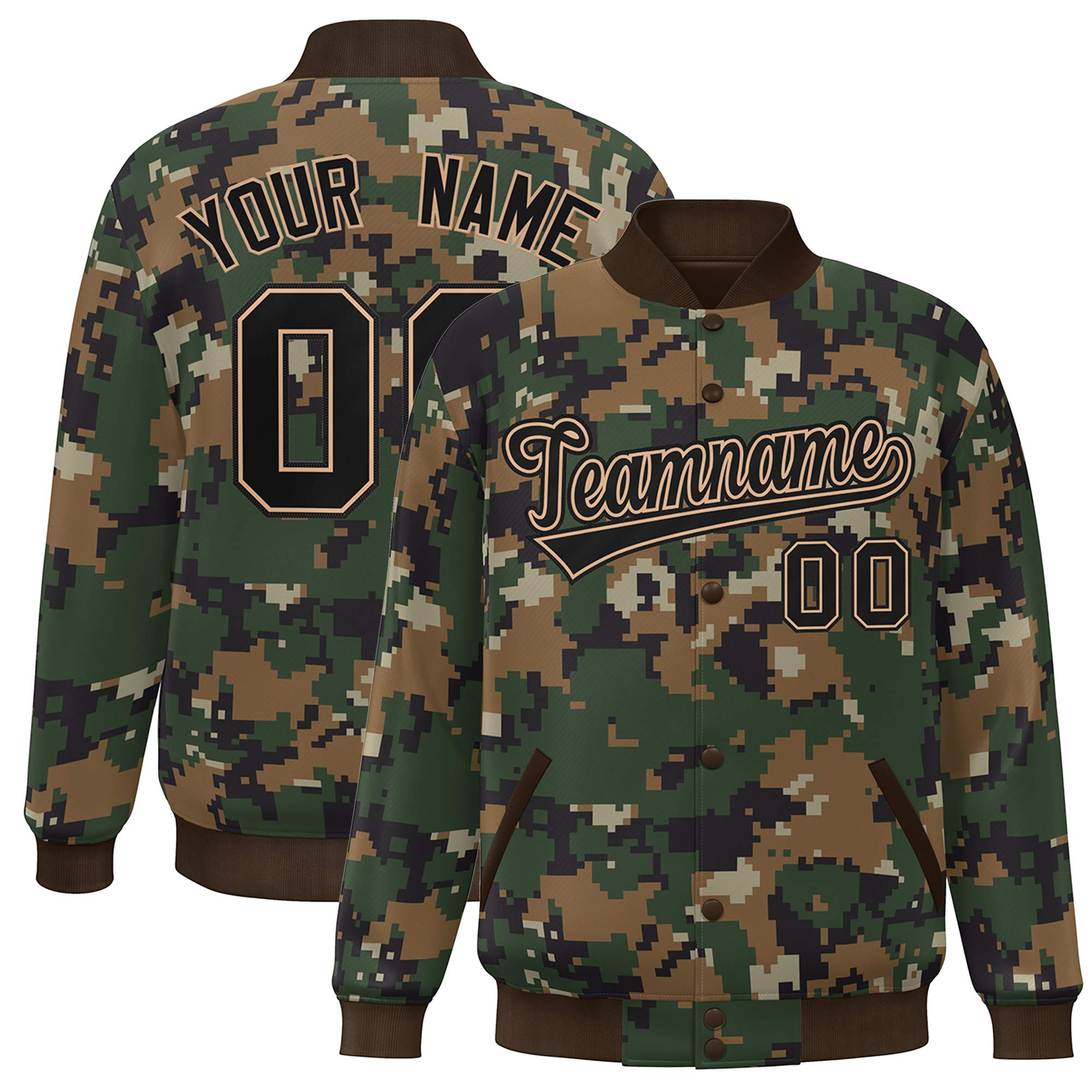 Blouson aviateur Letterman personnalisé marron noir camouflage Varsity Full-Snap