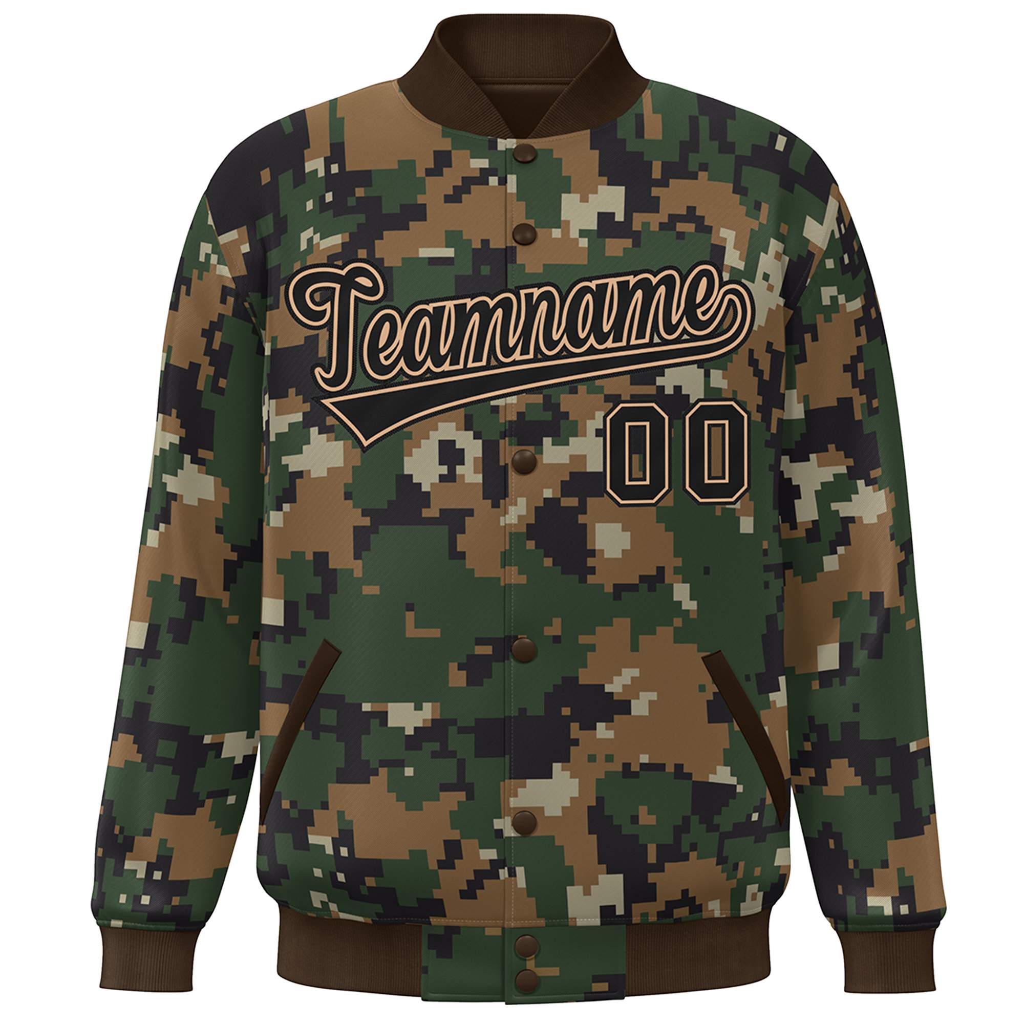 Blouson aviateur Letterman personnalisé marron noir camouflage Varsity Full-Snap