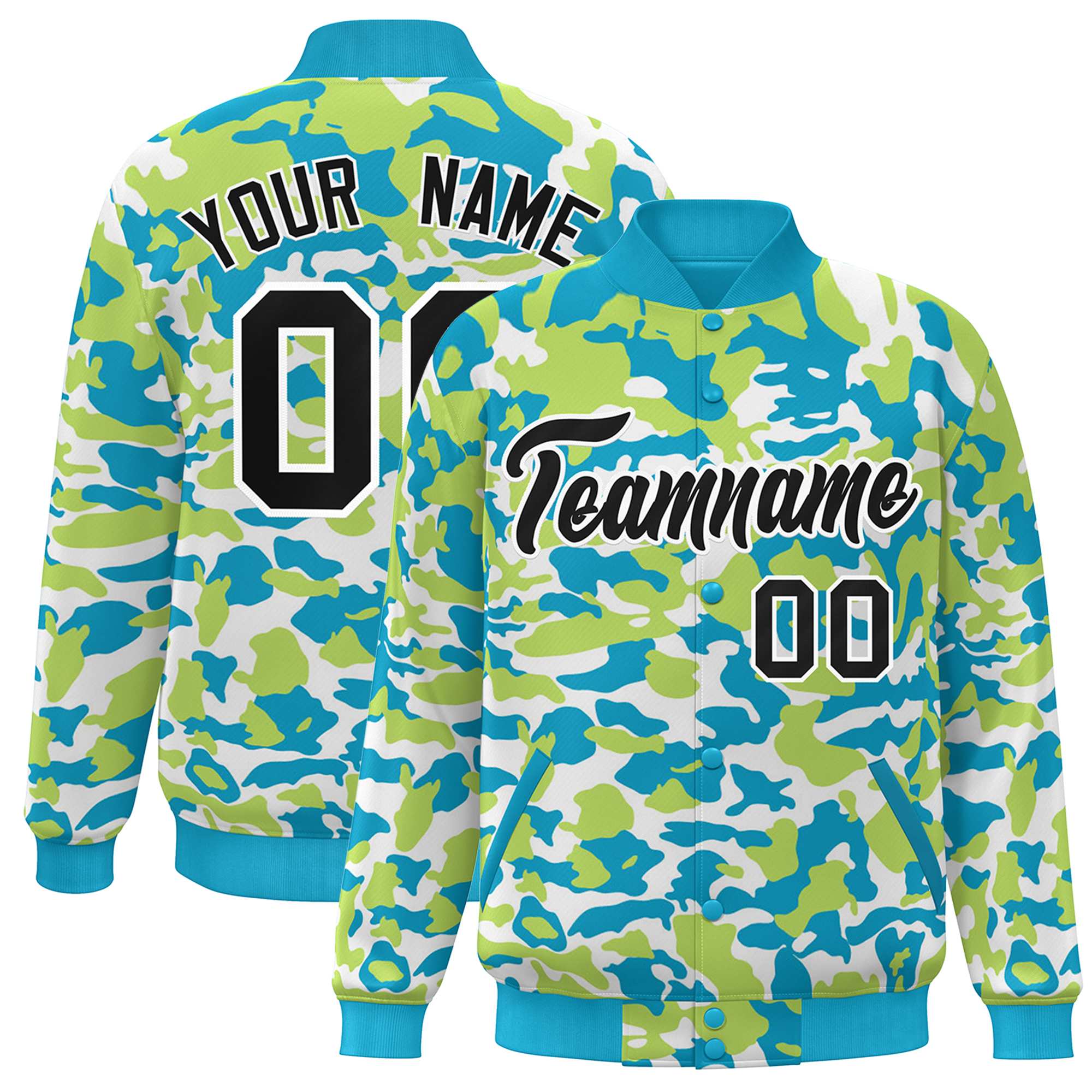 Blouson aviateur Letterman personnalisé Aqua noir-blanc camouflage Varsity Full-Snap