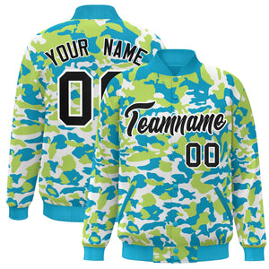 Custom Aqua Black-White Camo Varsity Full-Snap Letterman Bomber Jacket