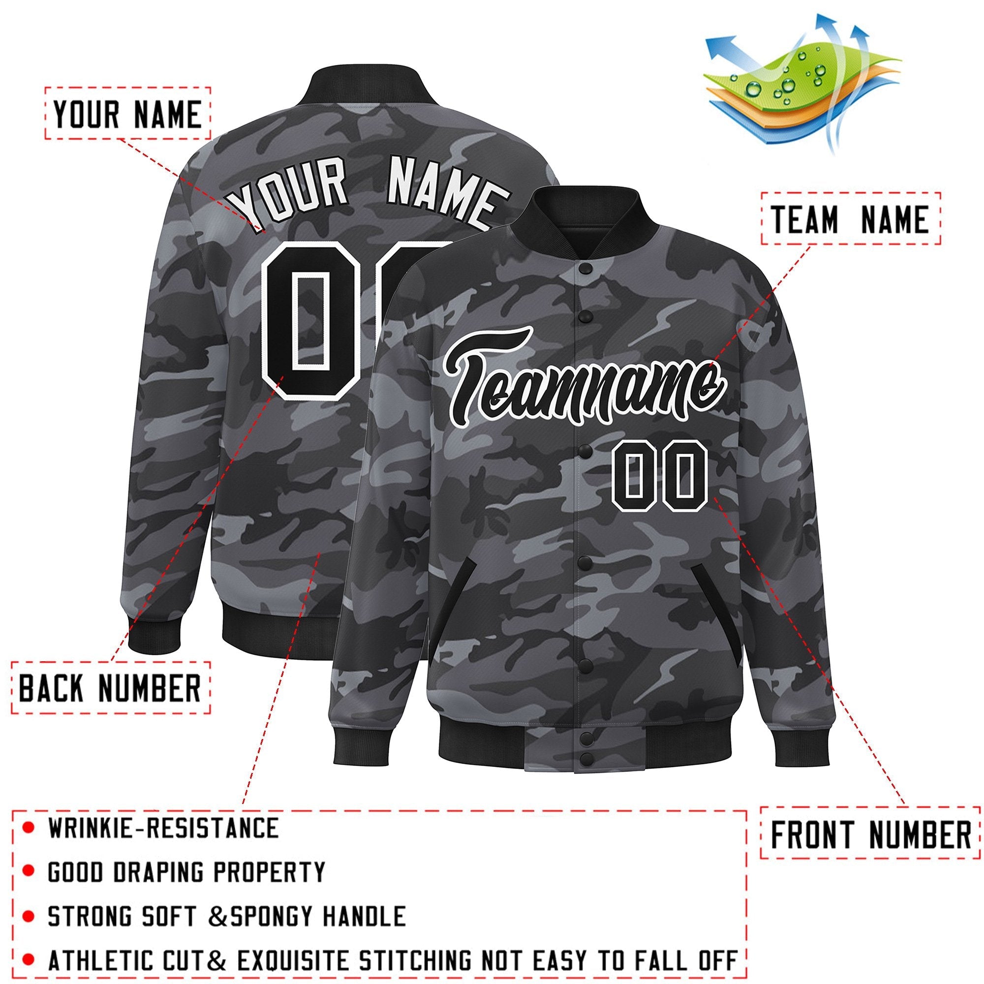 Blouson aviateur Letterman personnalisé noir et blanc camouflage Varsity Full-Snap