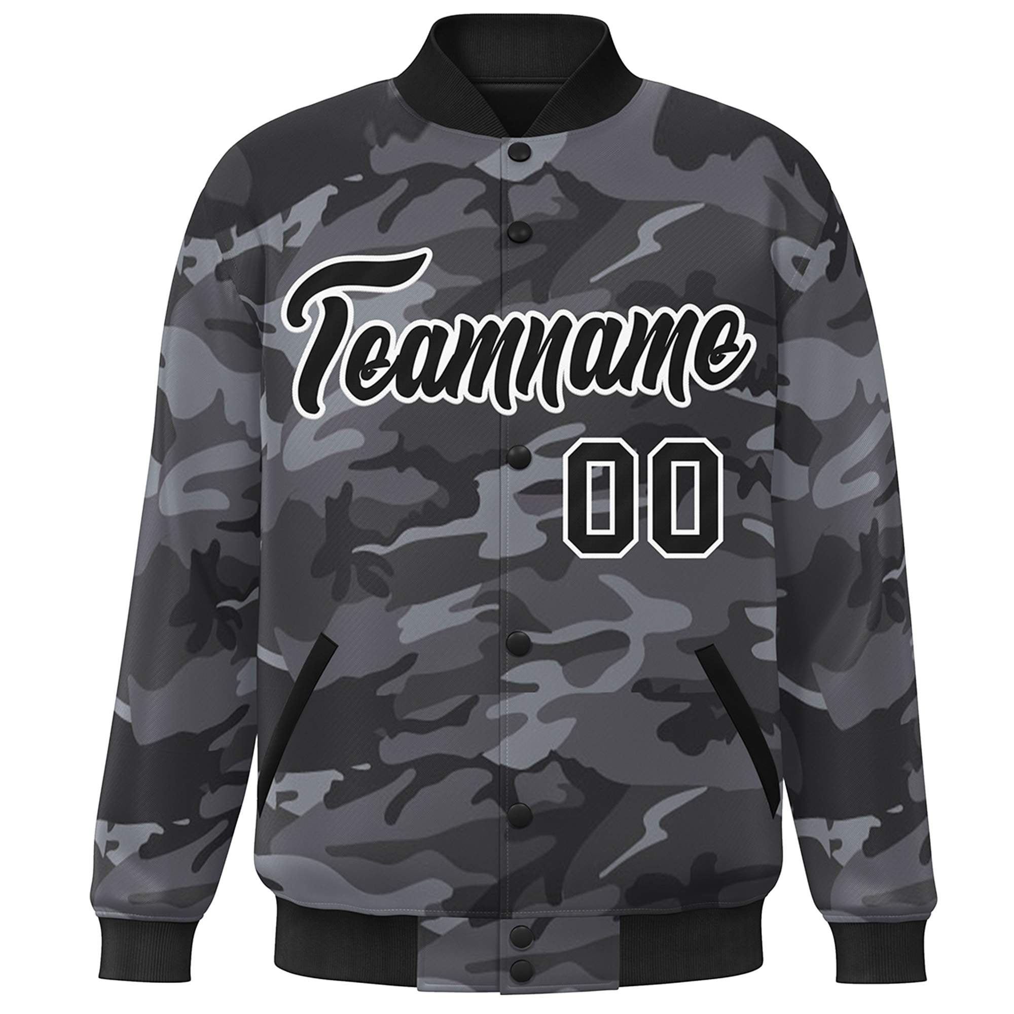 Custom Black White Camo Varsity Full-Snap Letterman Bomber Jacket