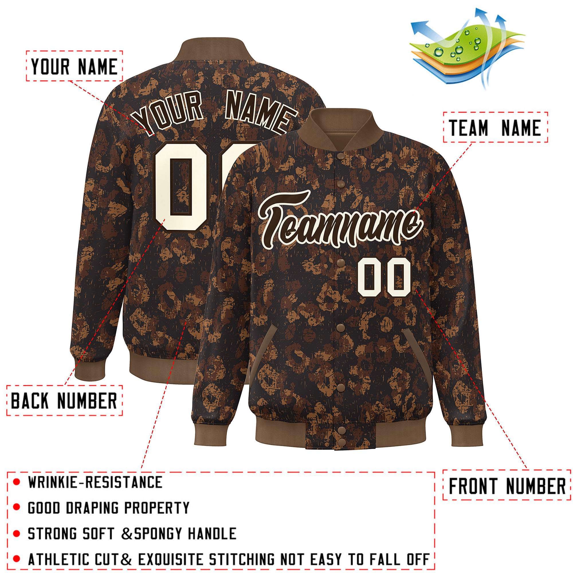 Custom Brown Cream Camo Varsity Full-Snap Letterman Bomber Jacket