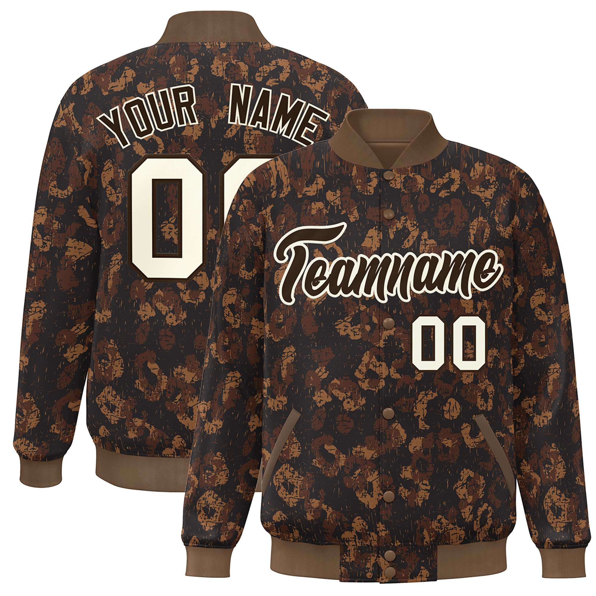 Custom Brown Cream Camo Varsity Full-Snap Letterman Bomber Jacket