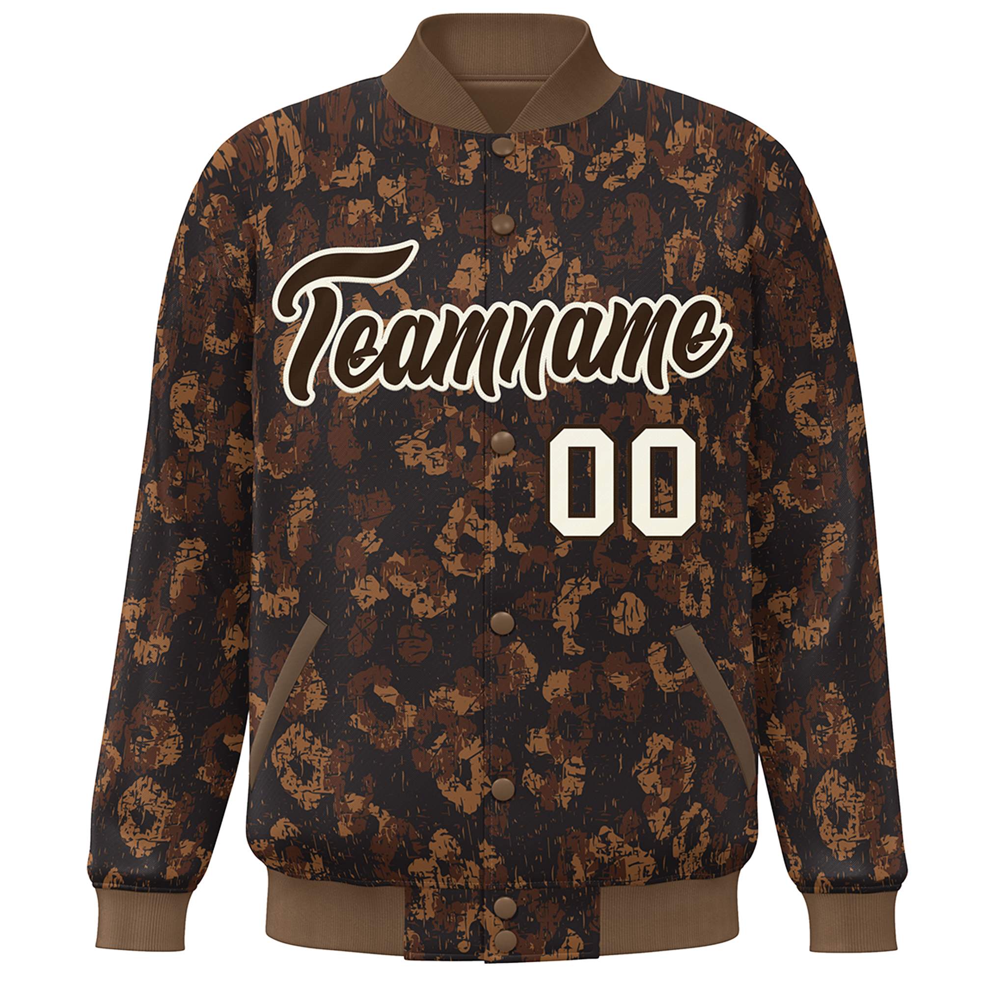 Custom Brown Cream Camo Varsity Full-Snap Letterman Bomber Jacket