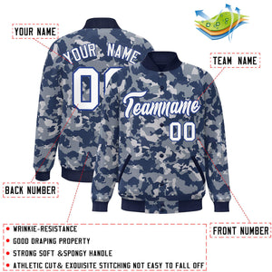 Custom Navy White-Royal Camo Varsity Full-Snap Letterman Bomber Jacket