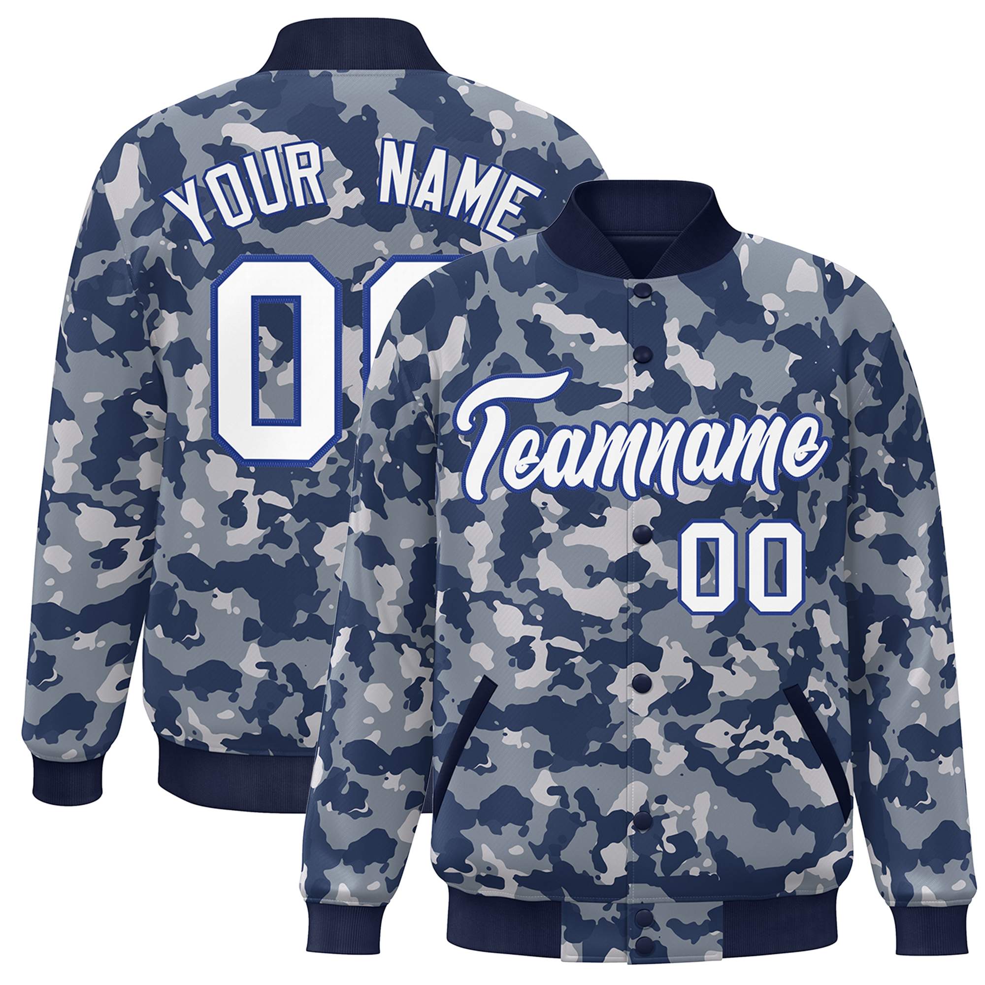 Blouson aviateur Letterman personnalisé bleu marine-Royal Camo Varsity Full-Snap