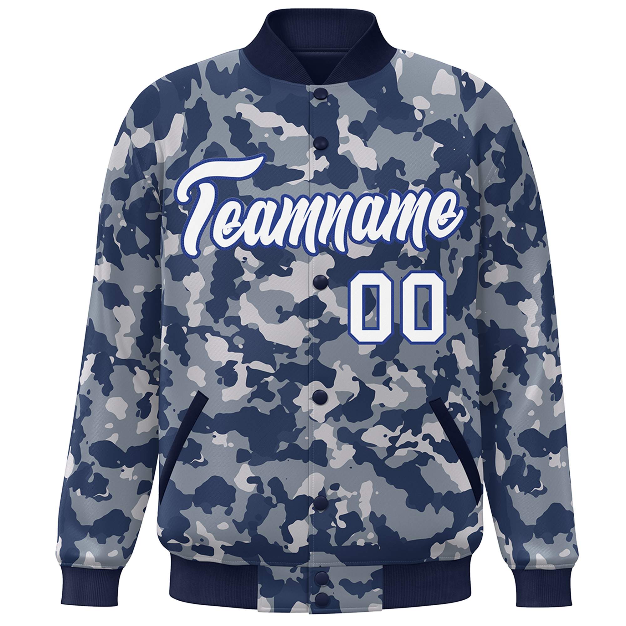 Blouson aviateur Letterman personnalisé bleu marine-Royal Camo Varsity Full-Snap