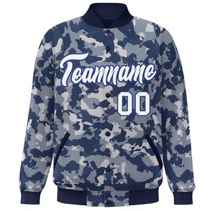 Custom Navy White-Royal Camo Varsity Full-Snap Letterman Bomber Jacket