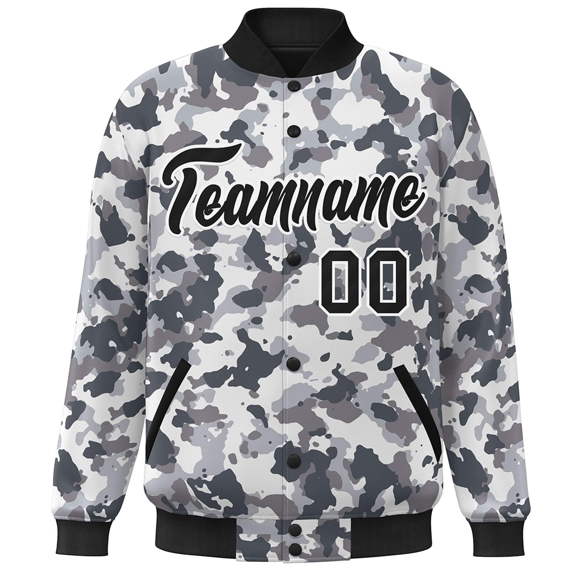 Custom Black White Camo Varsity Full-Snap Letterman Bomber Jacket