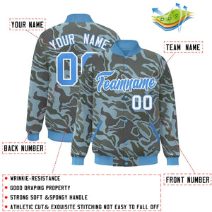 Custom Powder Blue White Camo Varsity Full-Snap Letterman Bomber Jacket