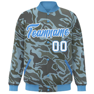 Custom Powder Blue White Camo Varsity Full-Snap Letterman Bomber Jacket