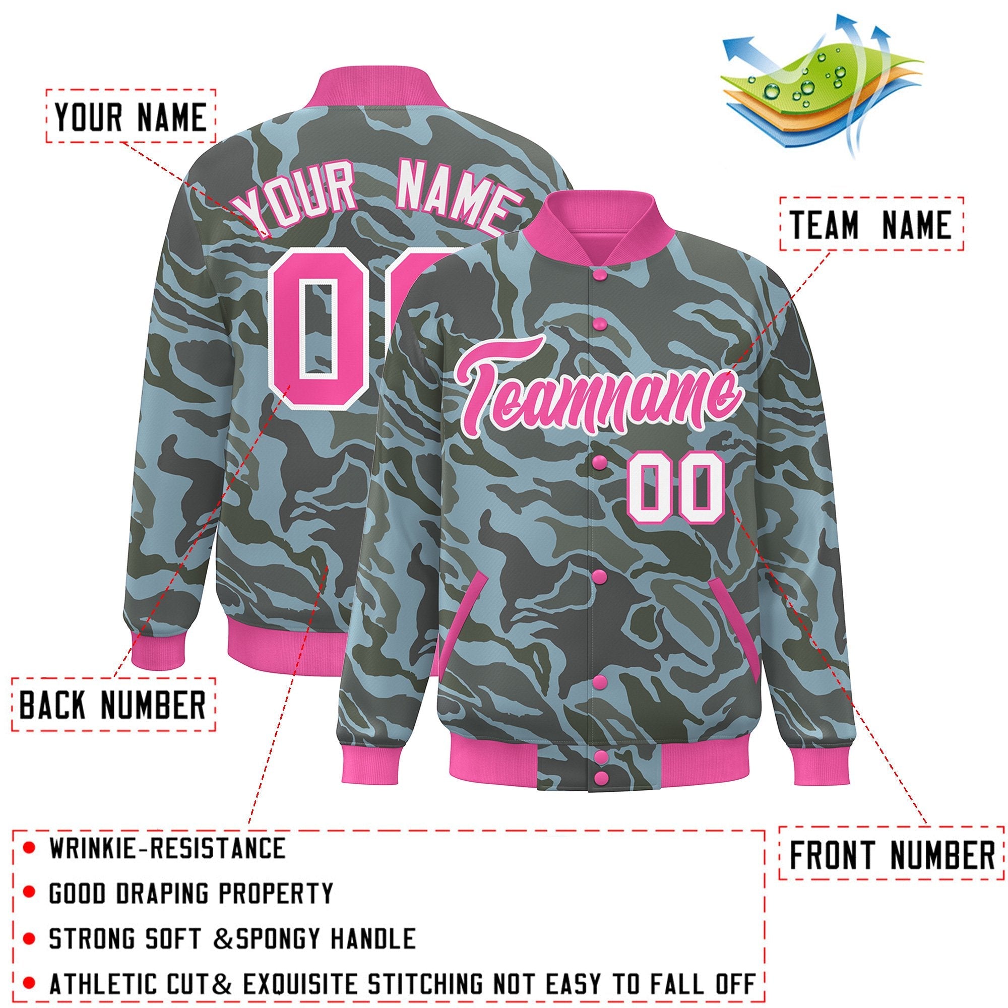 Blouson aviateur Letterman personnalisé rose blanc camouflage Varsity Full-Snap