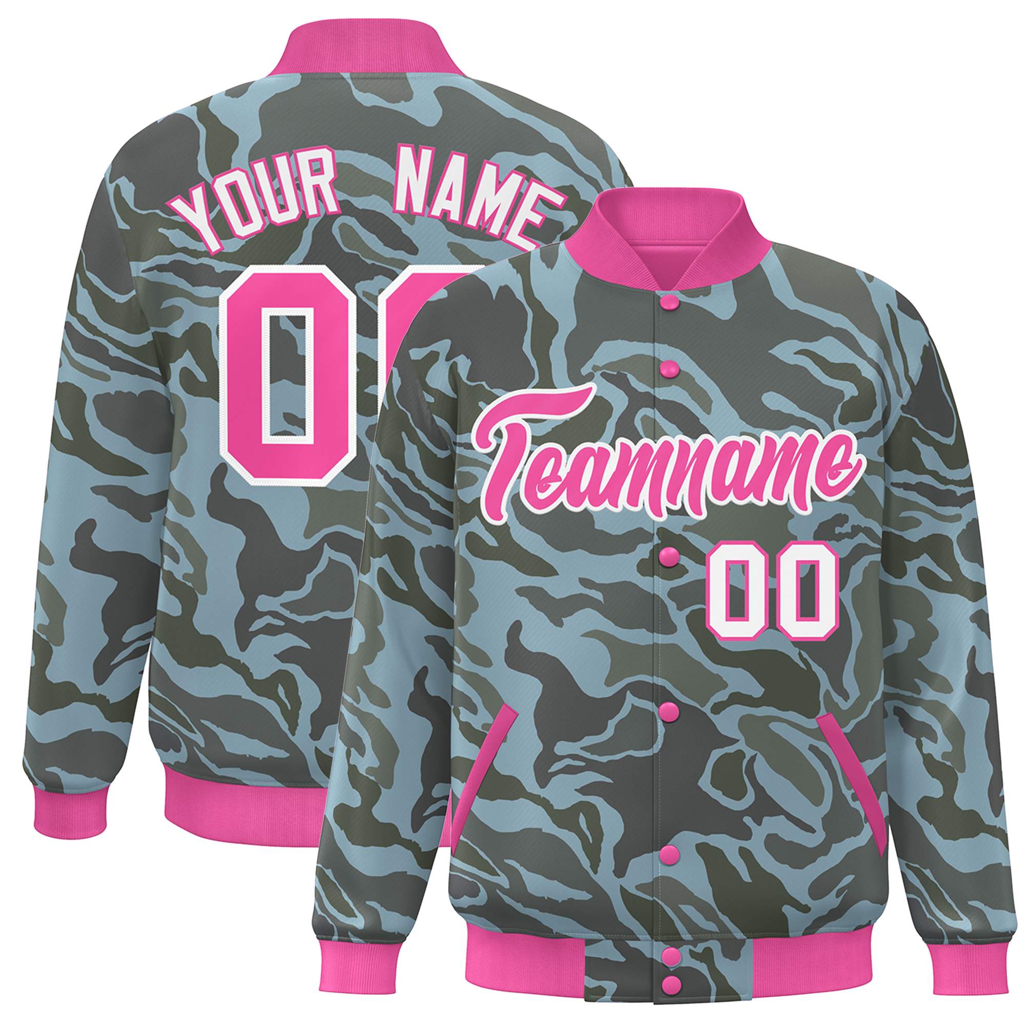 Blouson aviateur Letterman personnalisé rose blanc camouflage Varsity Full-Snap