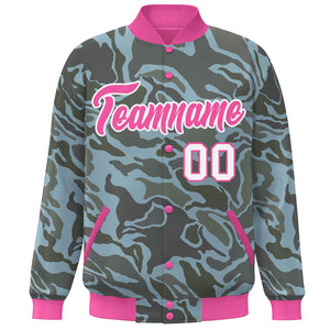 Custom Pink White Camo Varsity Full-Snap Letterman Bomber Jacket