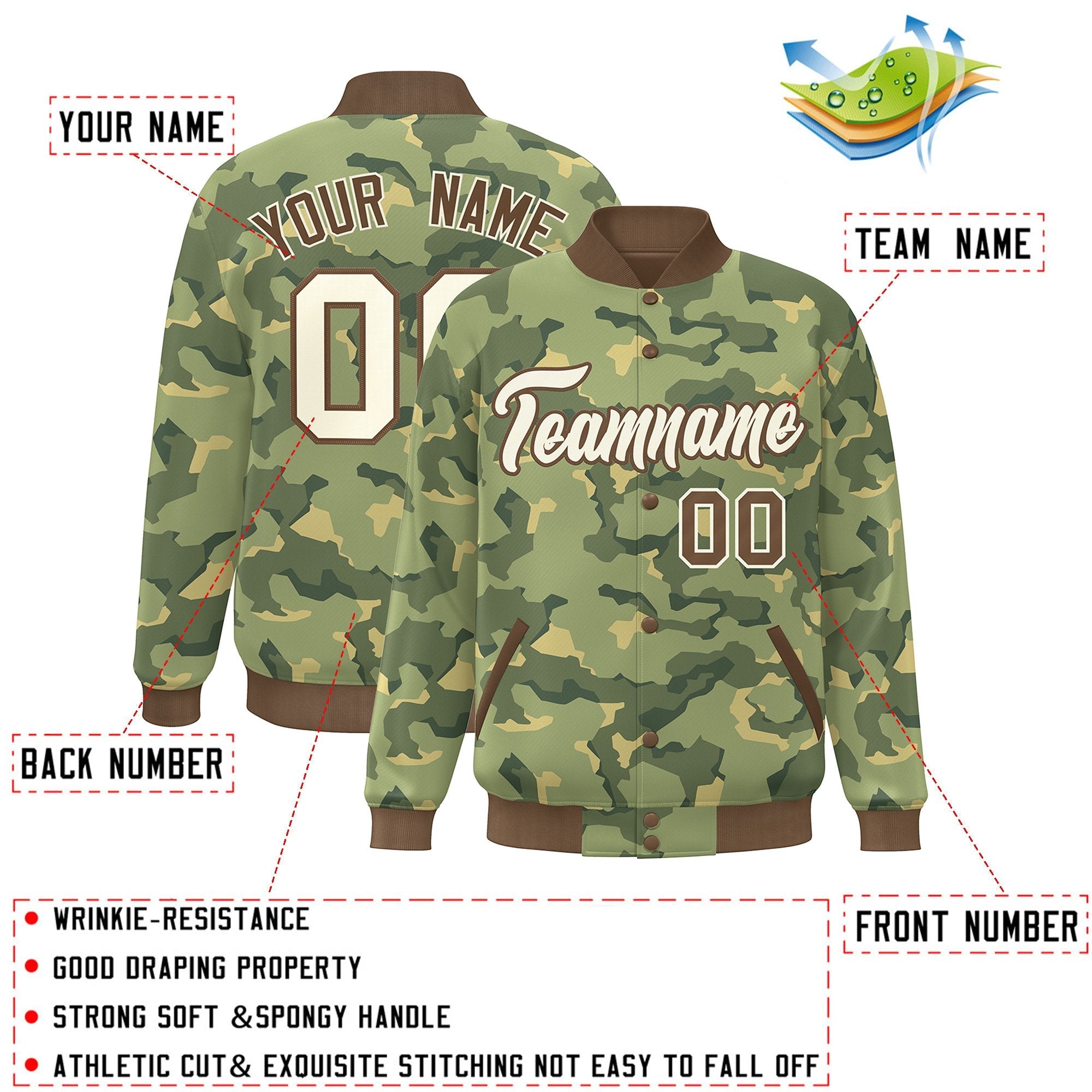 Blouson aviateur Letterman personnalisé marron blanc camouflage Varsity Full-Snap