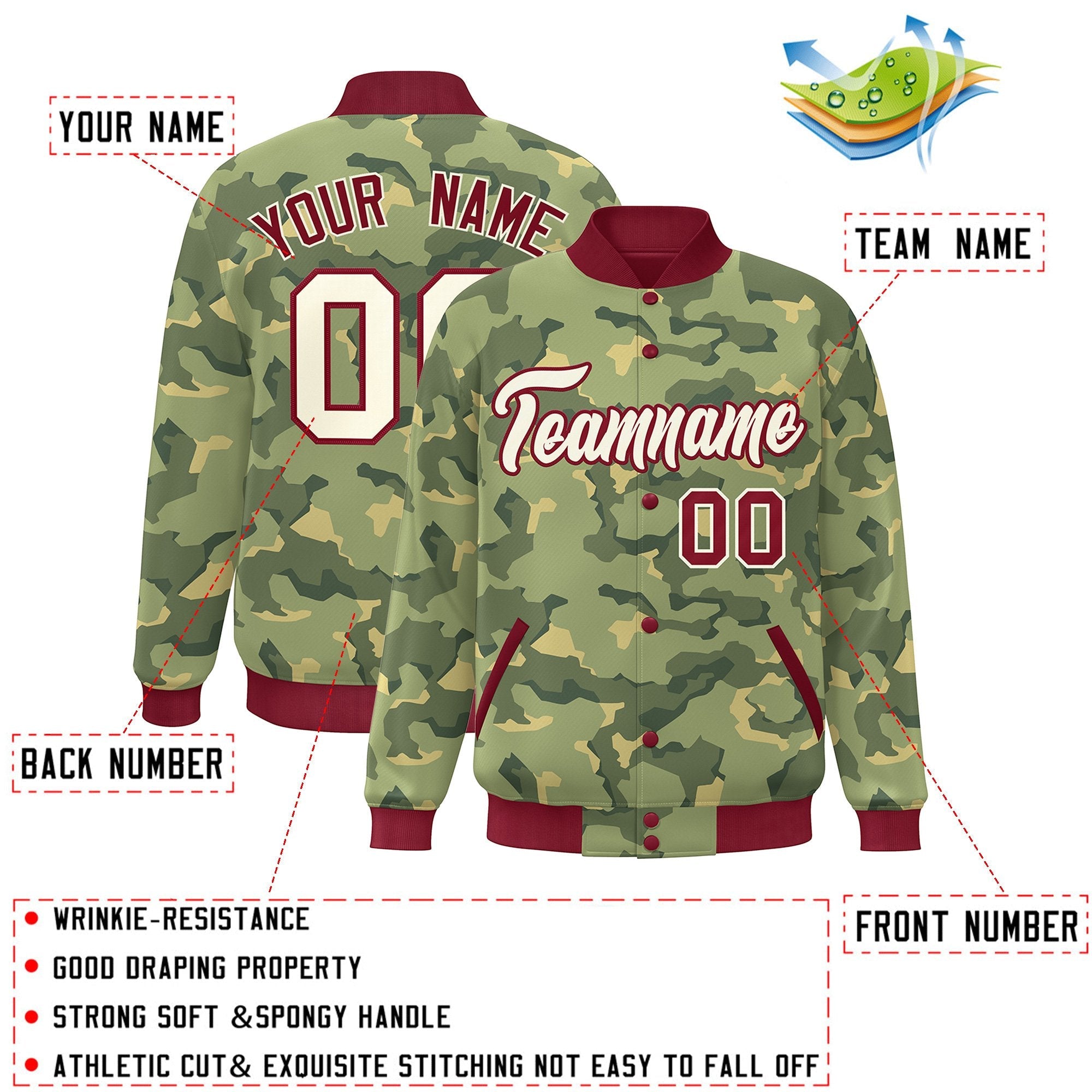 Custom Crimson White Camo Varsity Full-Snap Letterman Bomber Jacket