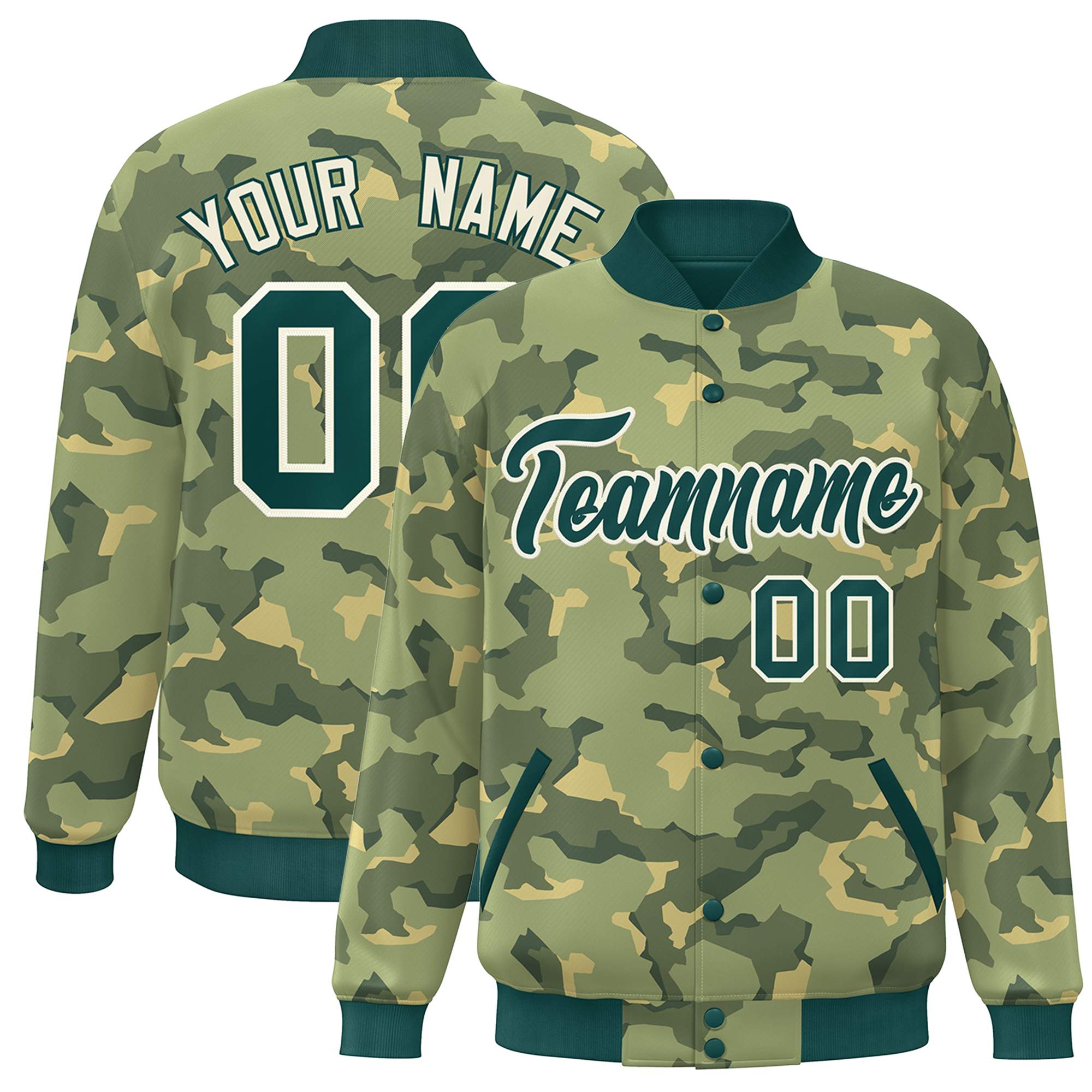 Blouson aviateur Letterman personnalisé vert et blanc camouflage Varsity Full-Snap