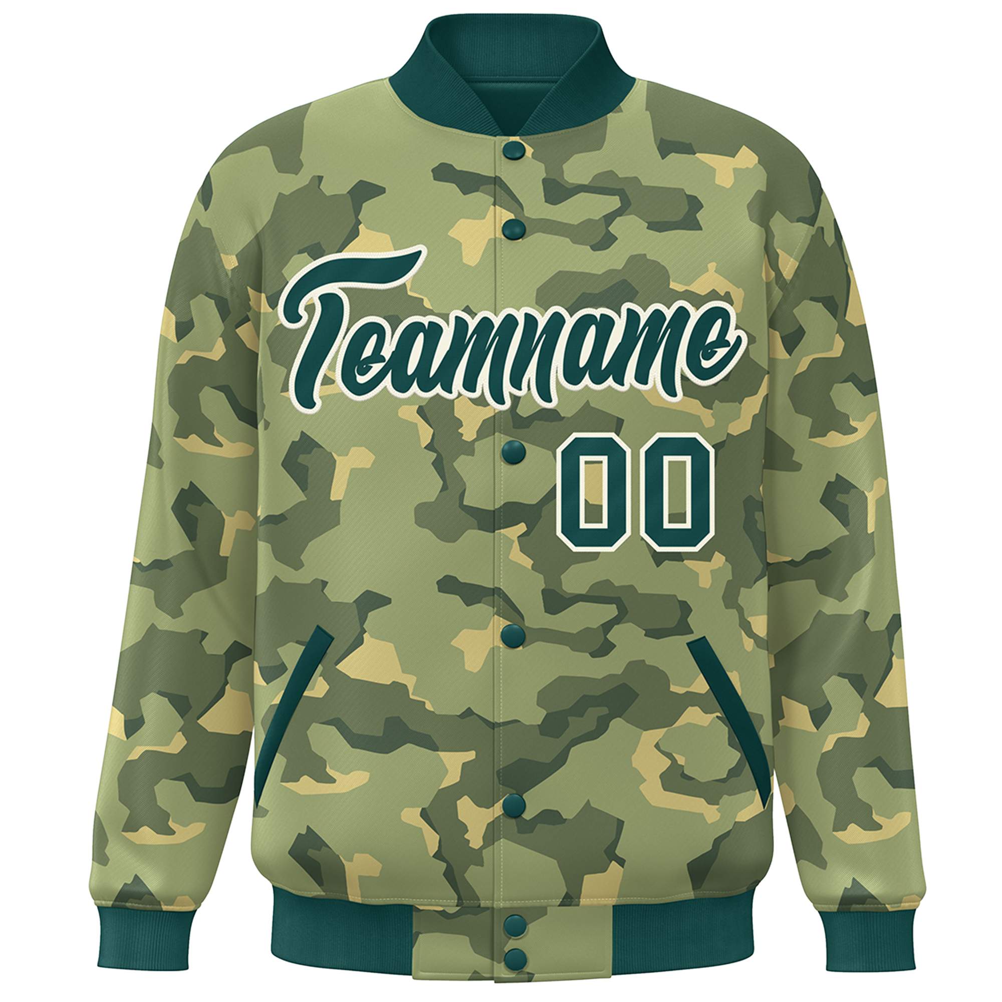 Blouson aviateur Letterman personnalisé vert et blanc camouflage Varsity Full-Snap