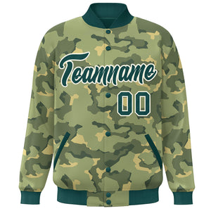 Custom Green White Camo Varsity Full-Snap Letterman Bomber Jacket