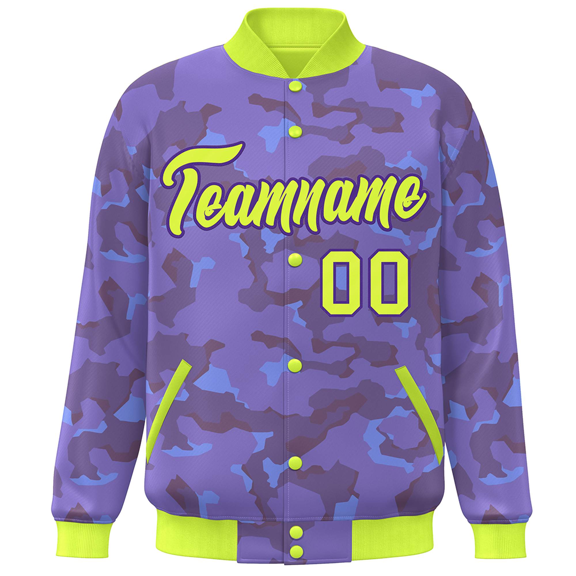 Blouson aviateur Letterman personnalisé vert néon violet camouflage Varsity Full-Snap