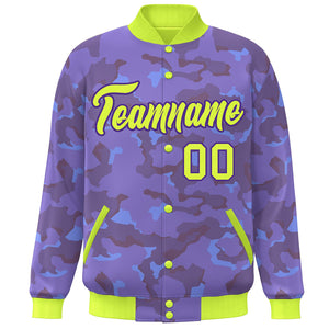 Custom Neon Green Purple Camo Varsity Full-Snap Letterman Bomber Jacket