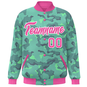 Custom Pink White Camo Varsity Full-Snap Letterman Bomber Jacket