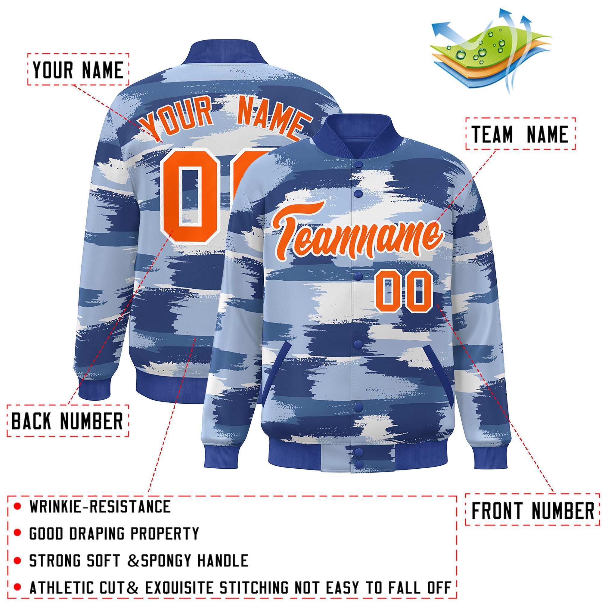 Custom Royal Orange-White Camo Varsity Full-Snap Letterman Bomber Jacket