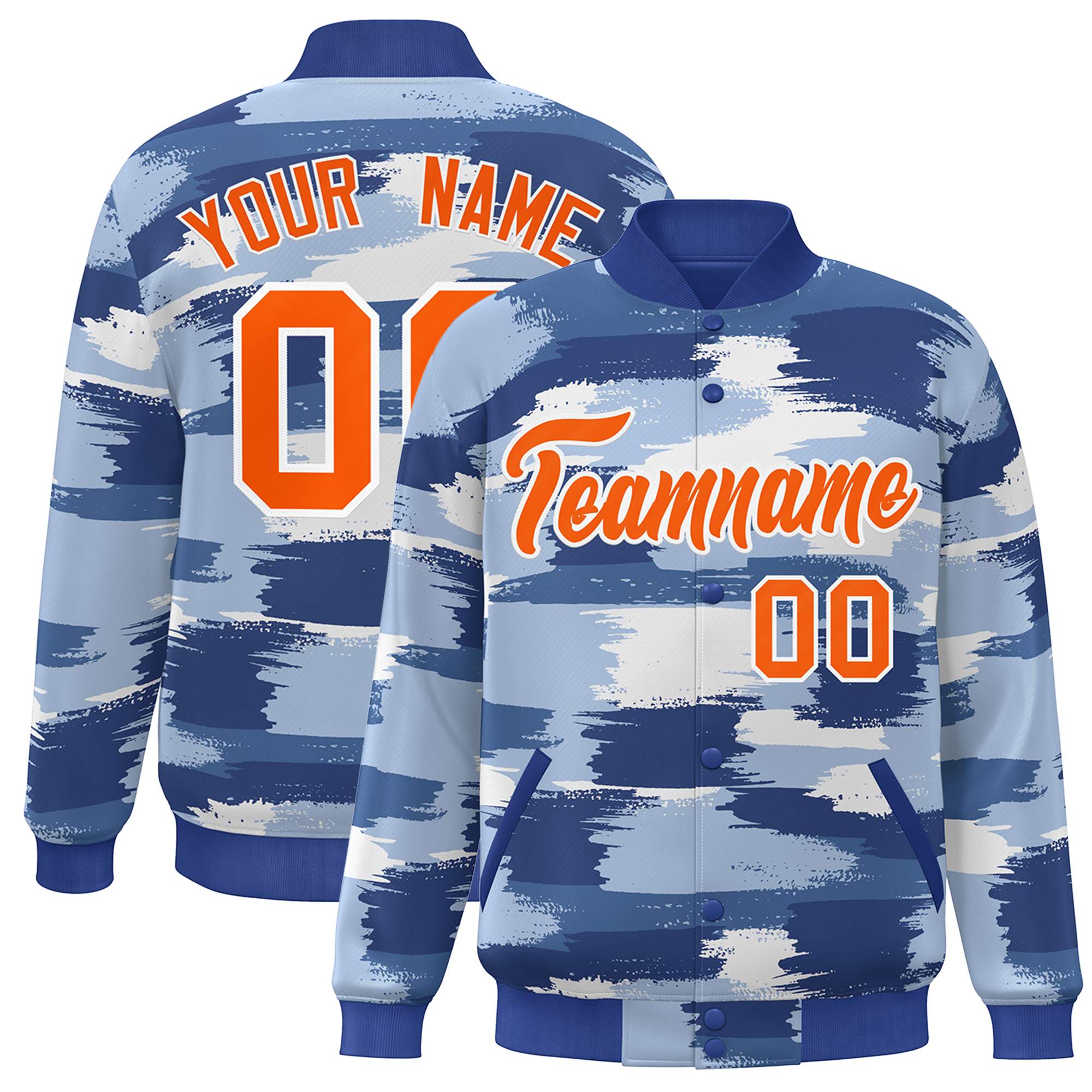 Custom Royal Orange-White Camo Varsity Full-Snap Letterman Bomber Jacket