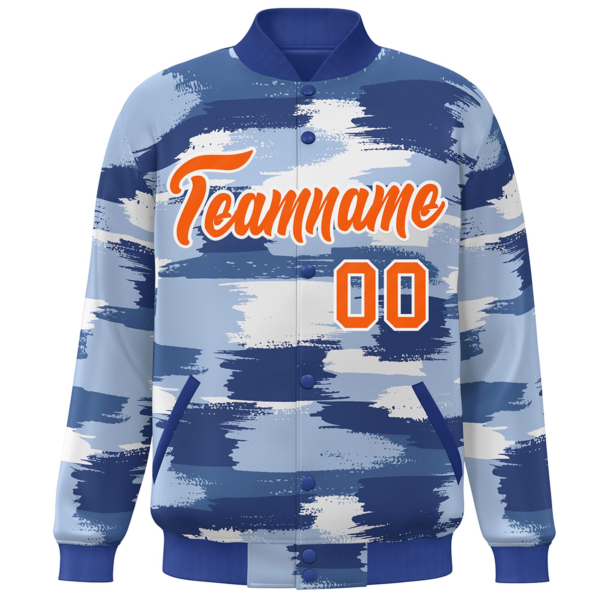 Custom Royal Orange-White Camo Varsity Full-Snap Letterman Bomber Jacket