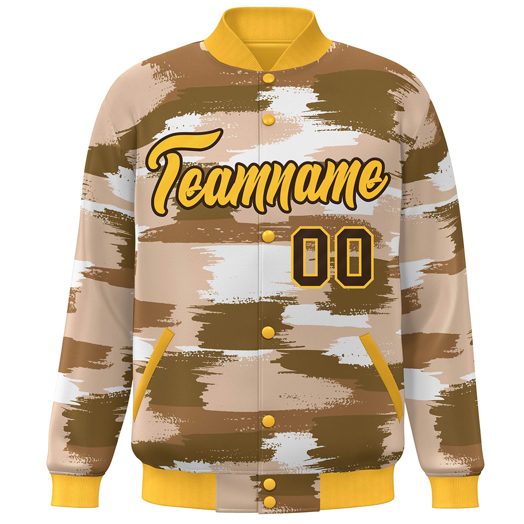 Blouson aviateur Letterman personnalisé jaune marron camouflage Varsity Full-Snap