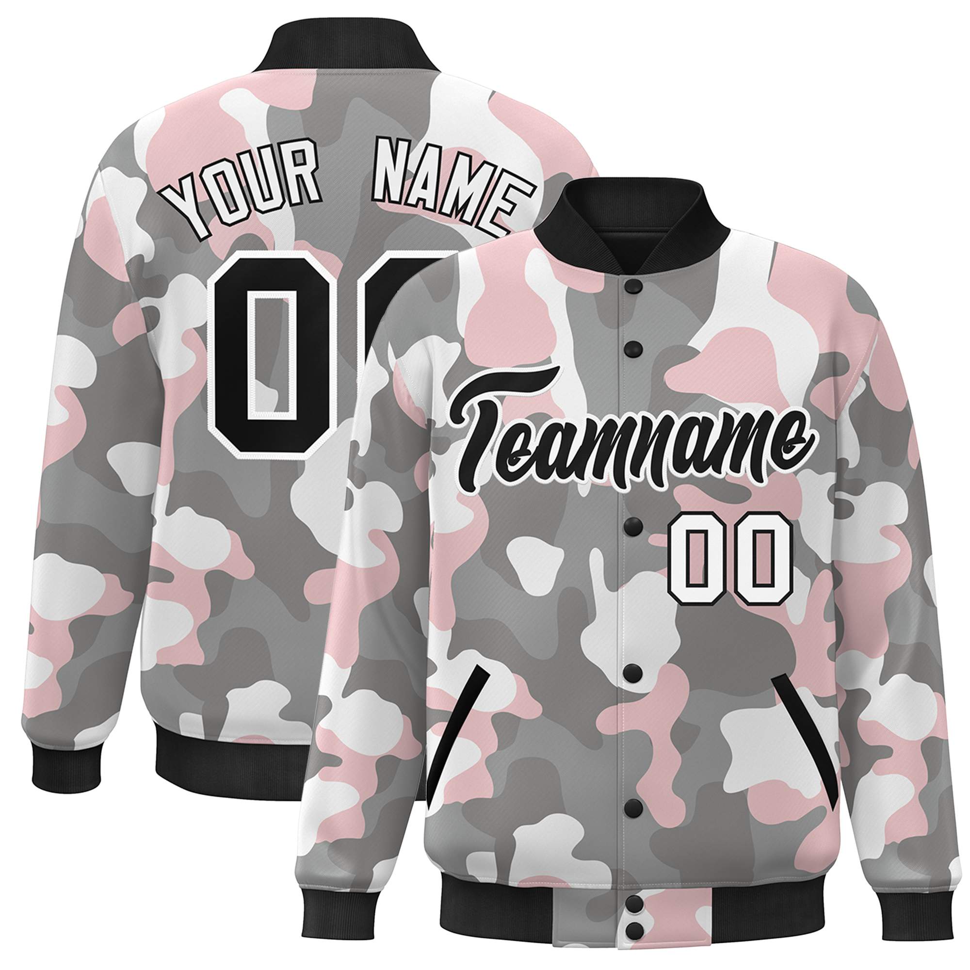 Custom Black White Camo Varsity Full-Snap Letterman Bomber Jacket