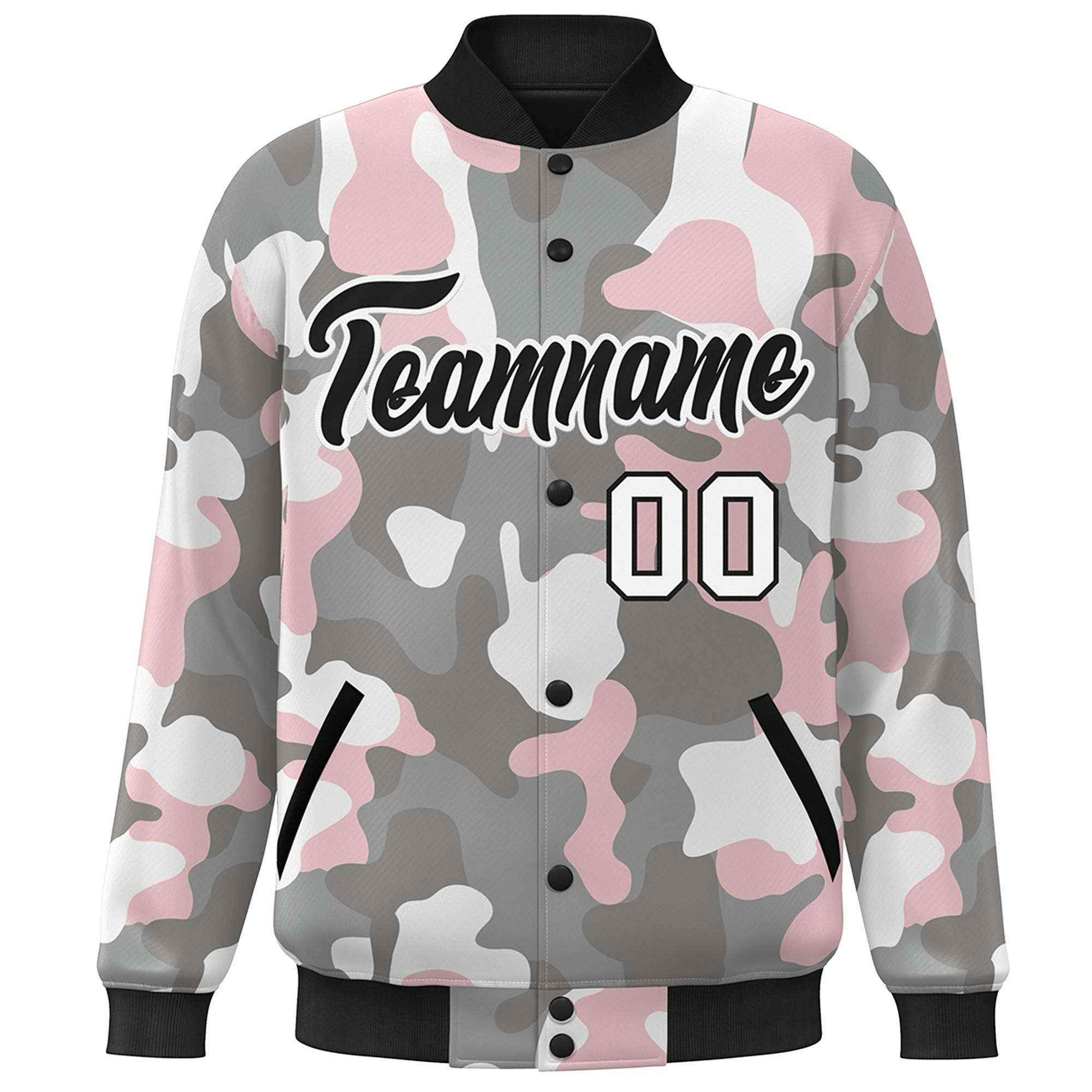 Custom Black White Camo Varsity Full-Snap Letterman Bomber Jacket