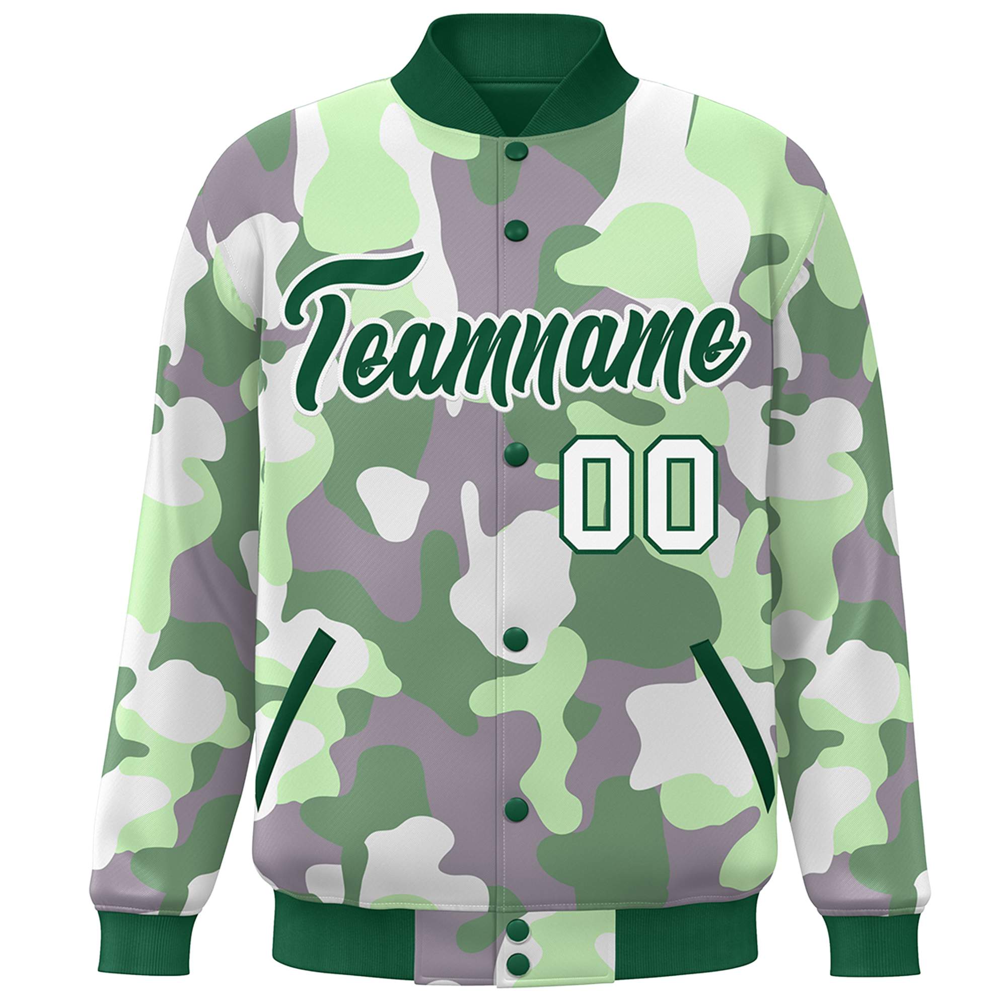 Blouson aviateur Letterman à bouton-pression Varsity Camo blanc vert personnalisé