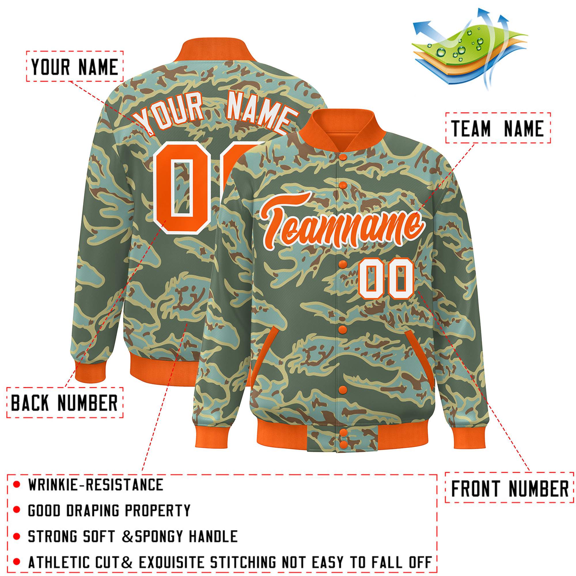 Custom Orange White Camo Varsity Full-Snap Letterman Bomber Jacket