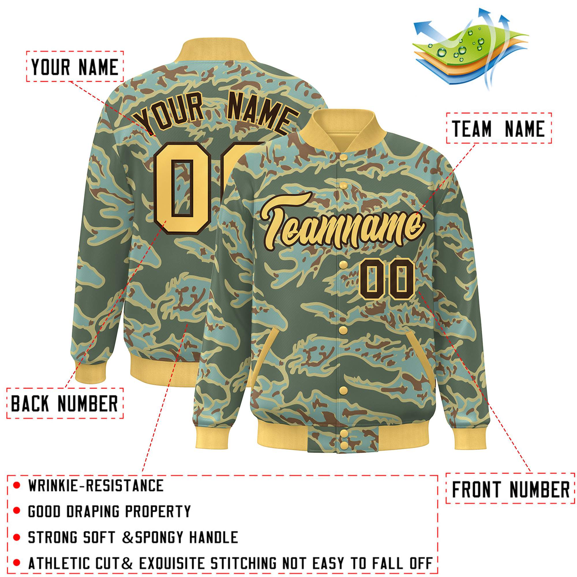 Custom Gold Brown Camo Varsity Full-Snap Letterman Bomber Jacket