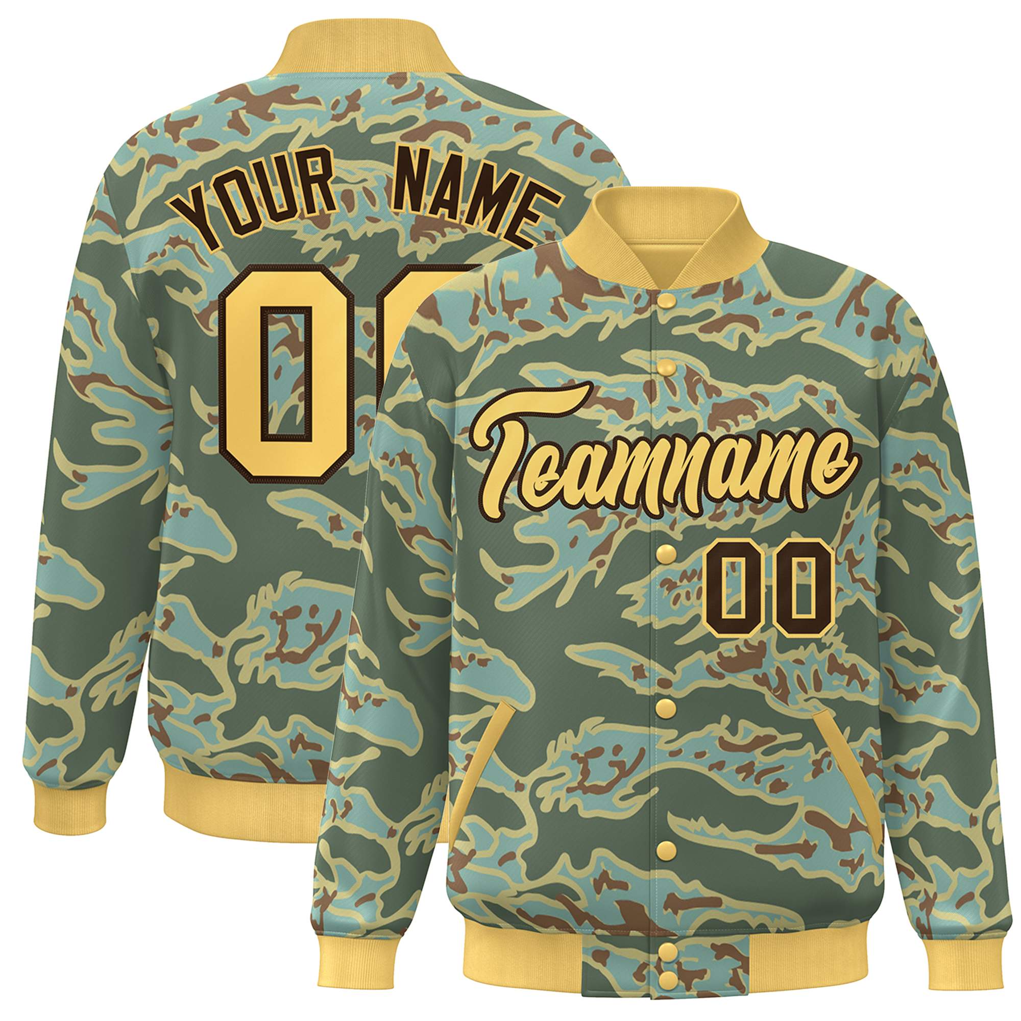 Custom Gold Brown Camo Varsity Full-Snap Letterman Bomber Jacket