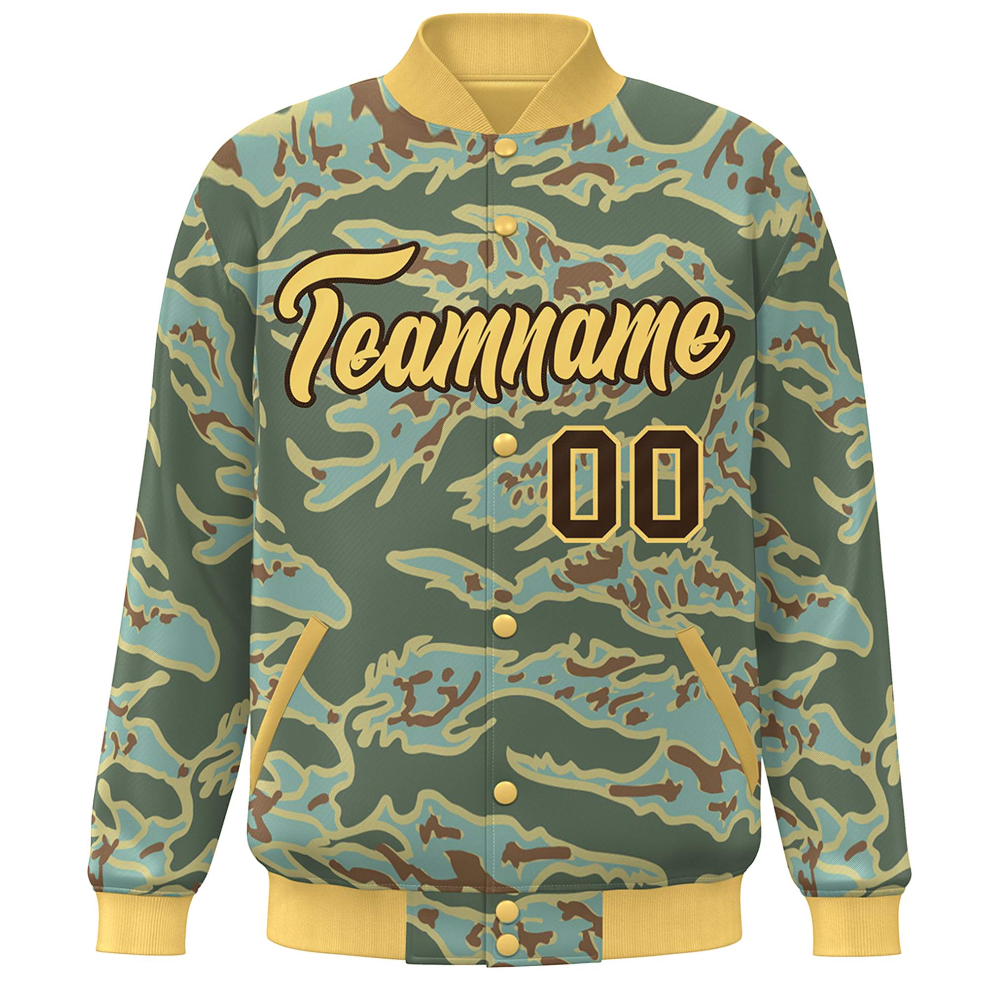 Custom Gold Brown Camo Varsity Full-Snap Letterman Bomber Jacket