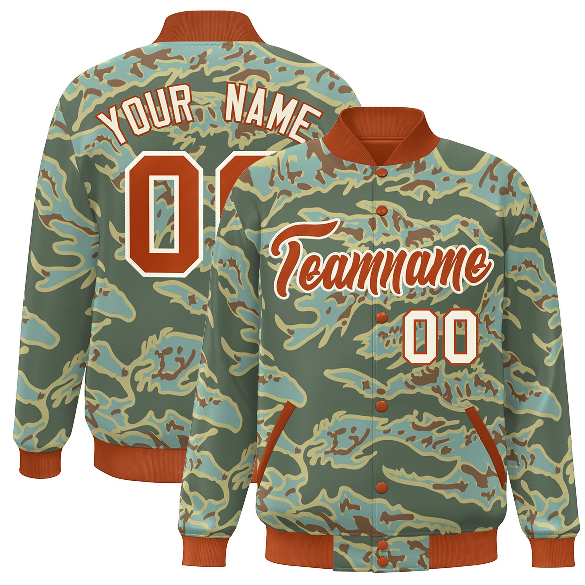 Custom Orange White Camo Varsity Full-Snap Letterman Bomber Jacket