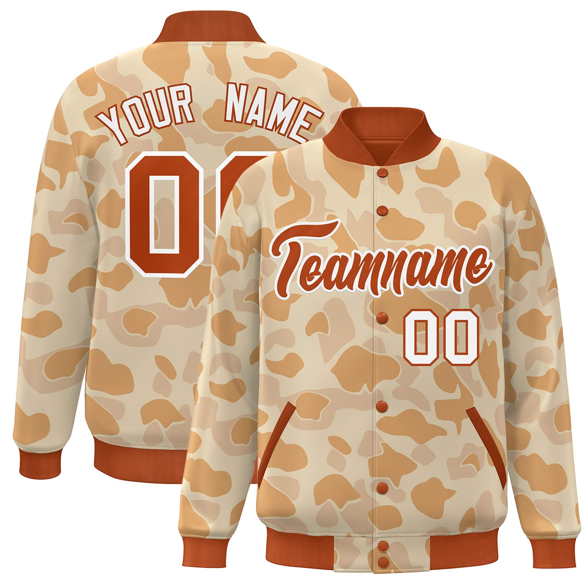 Blouson aviateur Letterman personnalisé orange blanc camouflage Varsity Full-Snap