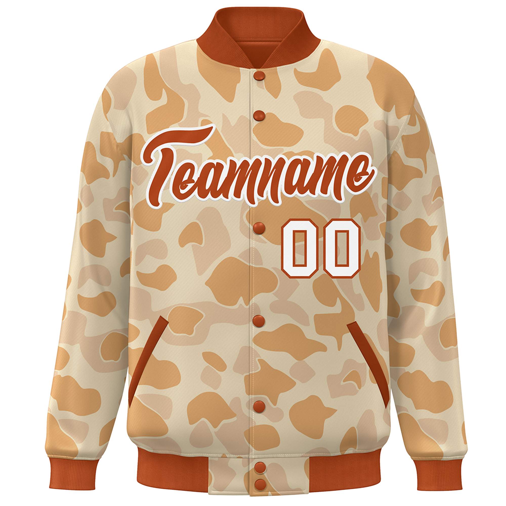 Blouson aviateur Letterman personnalisé orange blanc camouflage Varsity Full-Snap